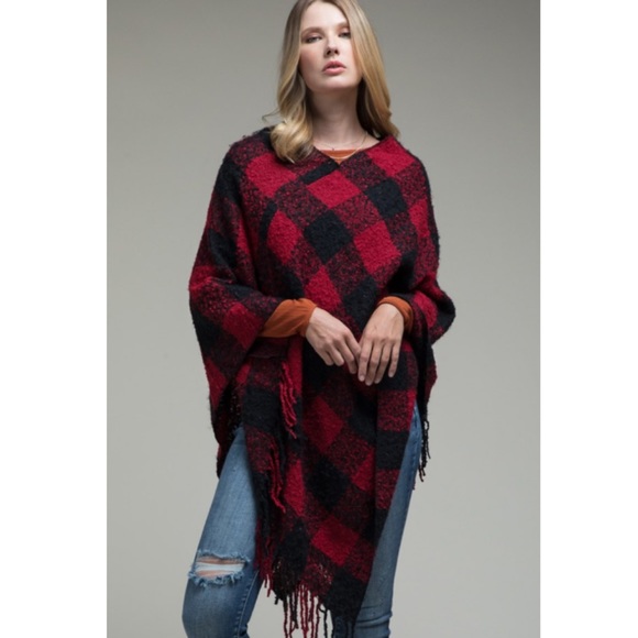 LAST 1 🔥 2 Tone Buffalo Plaid Long Fringe Poncho - Picture 4 of 10